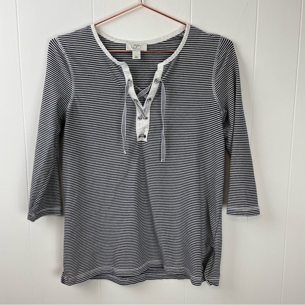 LOFT Maternity Navy Blue Striped Lace-Up 3/4 Sleeve Top